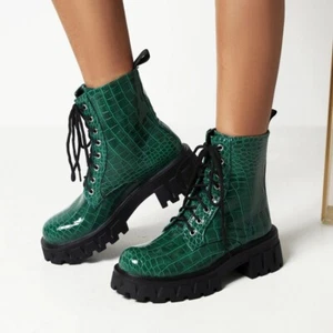 Women's Alligator Pattern Cracked Ankle Boots Chunky Heel Shoes Platform Fashion - Picture 1 of 13