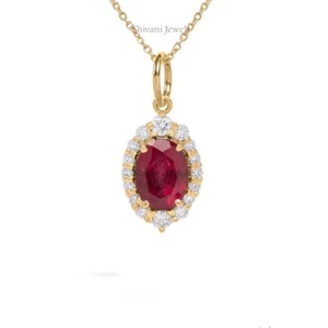 Certified 0.95tCw Ruby & Diamond Halo Pendant Necklace 18" In Solid 14k Gold - Picture 1 of 8