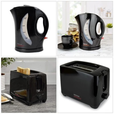 Black 1.7L 2200W Cordless Electric Jug Kettle + 2 Slice Wide Slot Toaster Set - Image 1 of 4