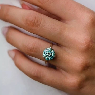 Certificado 2,75 quilates Anillo de compromiso de diamantes azules de corte redondo en plata de ley 925 Foto 1 de 4