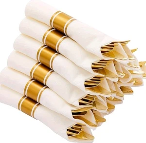 25 Pack Pre-Rolled Gold Plastic Cutlery Set Individually Wrapped - Picture 1 of 4