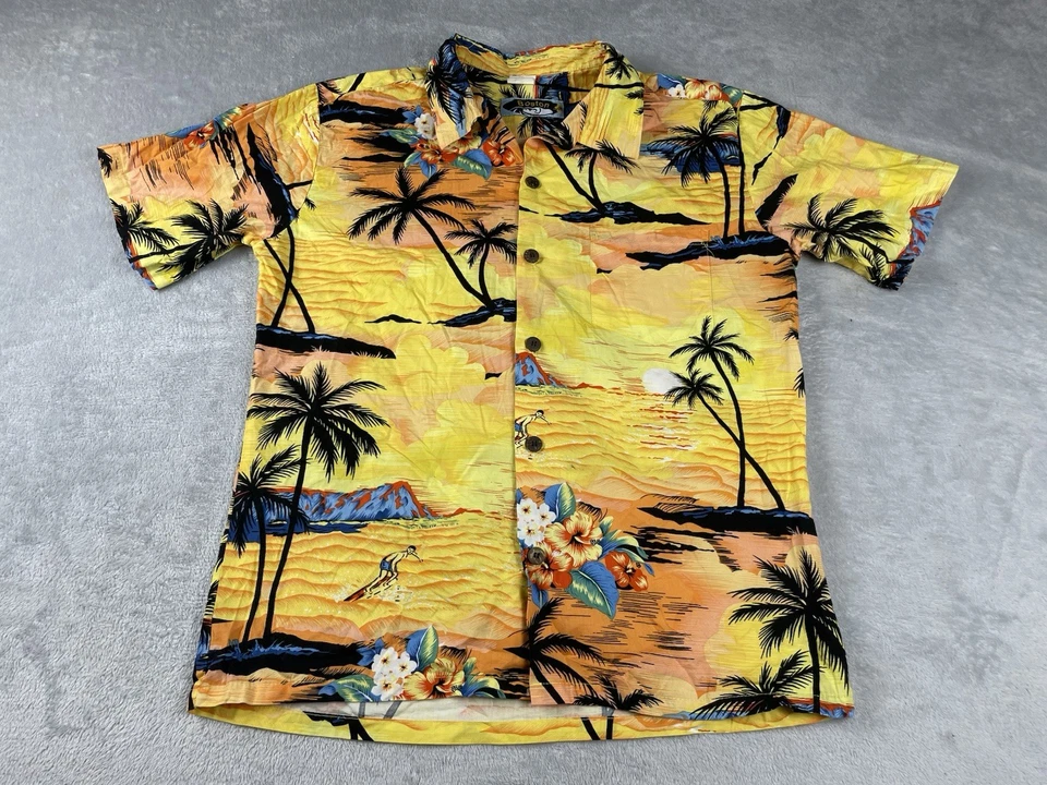 Hawaiian Shirt Bright Yellow Cotton Palm Trees Floral Size M L Festival Beach - Image 1 of 4