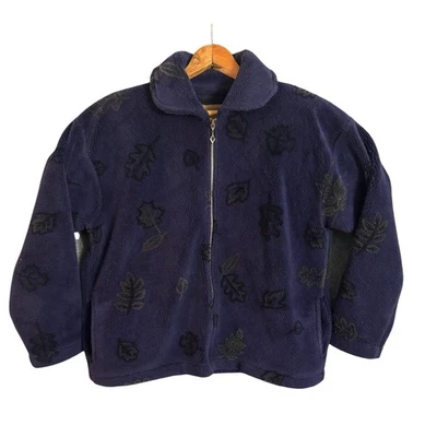 Chaqueta polar vintage de los Alpes con cremallera completa estampado de hojas azul marino para mujer XL Foto 1 de 4