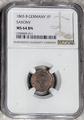 1865 B Germany Saxony 1 Pfennig NGC MS 64 BN Only 1 Finer 1/1 - Image 1 of 4