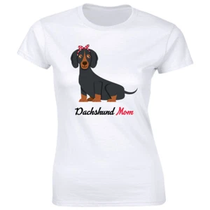 Dachshund Mom with Red Bow Women's T-Shirt Doxie Wiener Pet Dog Fur Mama Tee - Picture 1 of 1