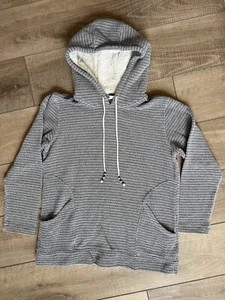 J Jill Fit Pullover Hoodie Womens Blue/White Stripe Sweater  Size XS faux fur - Picture 1 of 11