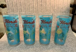 Vintage MCM Florida Souvenir Gläser 4er Set High Ball Map Aqua Türkis - Bild 1 von 10
