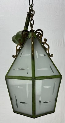 Vintage Art Deco Green Painted Glass Pendant Ceiling Light Fixture Chandelier - Image 1 of 4