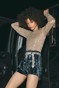 Free People Intimately Gold Rush Long Sleeved Top, Gold, Sequined Mesh Size S - Picture 1 of 6