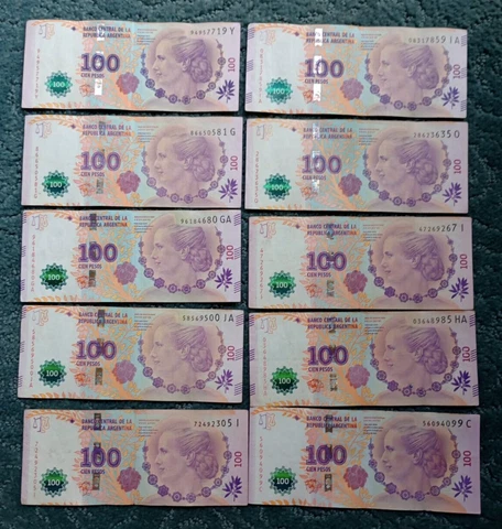Argentina 100 Pesos (2012-2018) Lot of 10 Circulated Banknotes Foreign Currency Cover