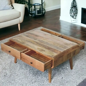 Coffee Table Oak With Storage Drawers Natural Grain Solid Wood Living Room - Picture 1 of 8