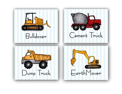 Arte de dormitorio para niños: CONSTRUCCIÓN Y CAMIONES DE JUGUETE Juego de cuatro impresiones de 8" por 10". Foto 1 de 4