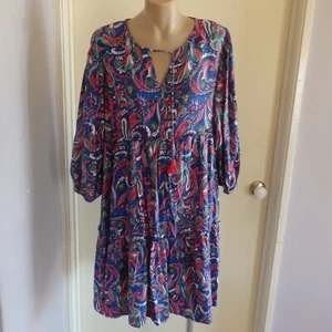 Adrift Blue Pink Floral Paisley Dress Tassel Balloon Sleeve Pockets Size S - Picture 1 of 10