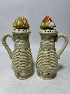 Vintage LEFTON Large Ceramic Salt & Pepper Shakers Wicker Basket With Veg - Picture 1 of 9