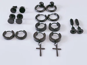 Mans Women Titanium plated Basic Gothic Black Earrings Huggies Hoop No Allergy - Picture 1 of 20