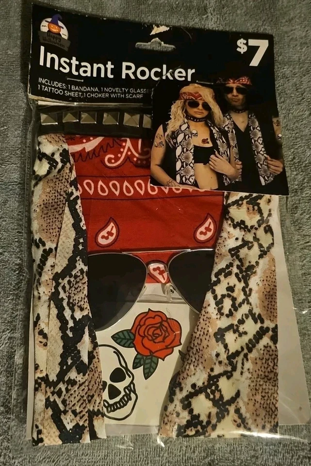 Kit Disfraz Rocker Instantáneo - Unisex 4 Piezas Bandana, Tatuaje, Gafas Gargantilla Años 80 Foto 1 de 2