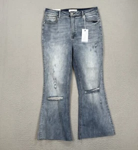 Risen Jeans Women 15 / 32 Blue Denim Shadow Hem Flare Distressed Crop NEW - Picture 1 of 13