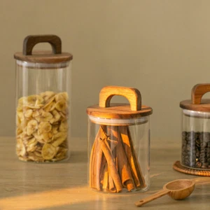 700/800/1000ml Glass Canister w Wooden Handle Lid Food Canister Airtight Sealing - Picture 1 of 20