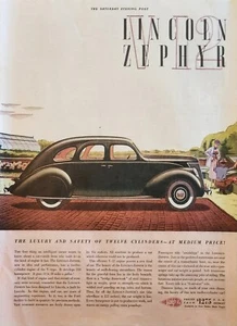 Lincoln Zephyr 1936 coche negro anuncio vintage lujo y seguridad de doce cilindros - Imagen 1 de 1