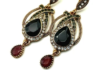 Vintage Yellow Metal Long Drop Dangle Earrings Crystal Diamante Glass Boxed - Picture 1 of 9