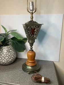 MCM Vintage HEYCO Art Deco Cast Brass Amber Glass Coach Lantern Lamp 28" - Picture 1 of 11