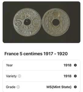 1918 FRANCE 5 CENTIMES - World French Coin - Picture 1 of 2