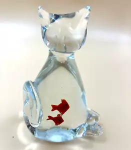 Murano Style Blown Clear Glass Cat w Orange Fish Inside Figurine Statue 5.25" - Picture 1 of 5