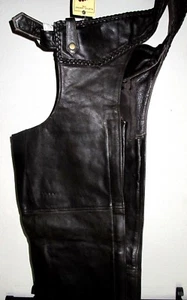 MENS NEW PREMIUM BUFFALO BRAIDED LEATHER BLACK MOTORCYCLE CHAPS Small CLOSEOUT - Foto 1 di 5
