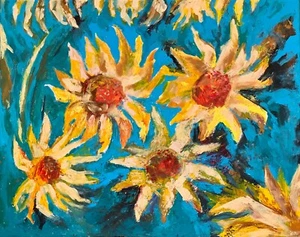 Pintura acrílica original sobre lienzo expresionismo firmado flores amarillas modernas - Imagen 1 de 8