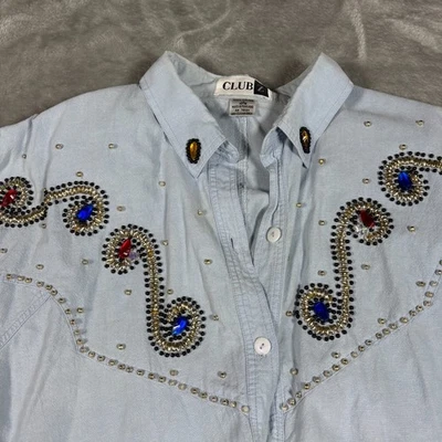 Vintage Western Shirt Womens Large Blue Rhinestone Studded Cowgirl Pearl 80s - Image 1 of 4