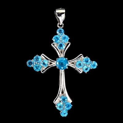 Ciondolo in argento sterling 925 rotondo blu apatite 5 mm croce gemma gioielli - Immagine 1 di 4