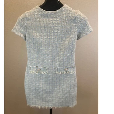 Vestido Bebop Be You Be Free Azul Claro Tweed Perla Botón Flecos Bolsillos Talla S Foto 1 de 4