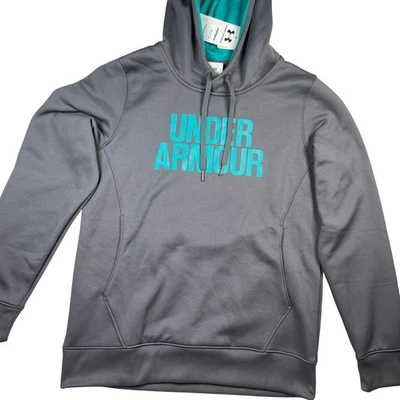 Under Armour ColdGear Gray Turquoise Logo Hoodie Women's Medium Loose Fit Fleece - Image 1 of 4