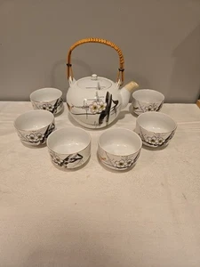 Exquisites Porzellan Blumen Vogel Weiß Teekanne Set Service für 6 Made In Japan - Bild 1 von 11
