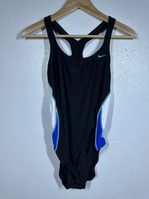 Nike Swimsuit Womens 10 Black Blue White One Piece Racerback Athletic Swim - Image 1 of 4