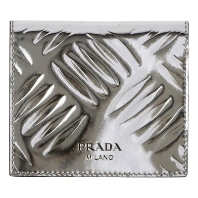 Prada Spazzolato Bifold Card Wallet Metallic Silver Embossed Leather NEW - Image 1 of 4