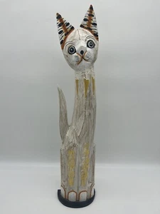 Statua scultura da terra arte popolare dipinta fermaporta gatto intagliato legno alto 24" - Foto 1 di 7