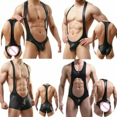 Men Man PU Leather Bodysuit Jockstrap Wrestling Singlet Leotard Jumpsuit Costume - Image 1 of 4