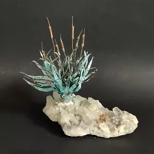 Copper Cattail Plant Sculpture On Quartz Crystals Natural Skeletal Elestial - Picture 1 of 11