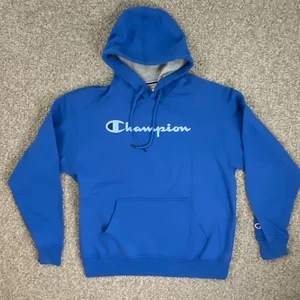 Champion Hooded Sweatshirt Mens Large Blue Spellout Logo Front Pocket Pullover - Picture 1 of 16