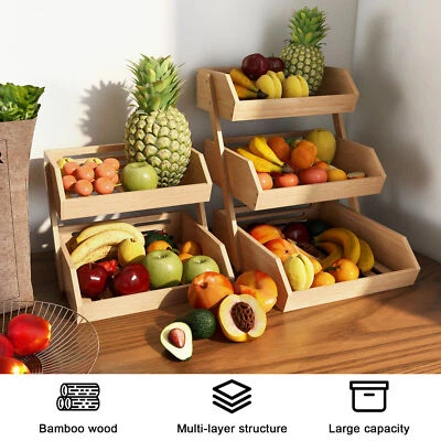 2/3 Tier Bamboo Fruit Basket Bread Storage Vegetable Rack Countertop Basket - Image 1 of 4