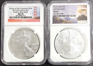 2011(S) AND 2015 AMERICAN EAGLE SILVER DOLLAR NGC - MS70/MS69 - Picture 1 of 2