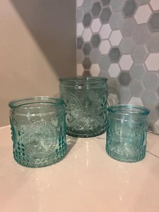 Kate Aspen Vtg. Fleur De Lis Blue Glass Tealight Votive Candle Holders Set of 3