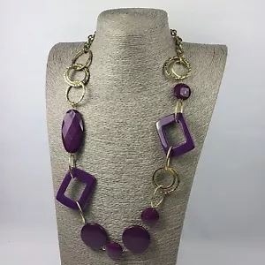Statement Necklace Gold Tone Metal Chain Rings Purple Plastic Beads Jewellery  - Picture 1 of 5