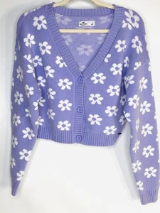 Hollister Cropped Cardigan Women L Sweater Purple with White Flowers Large - Picture 1 of 11