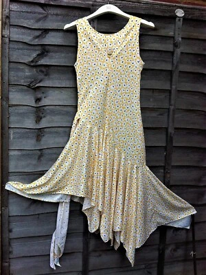 10/12 S/M Años 70 Muir - Ish Jersey Flotante Amarillo Vestido Margarita Pañuelo Dobladillo Foto 1 de 4