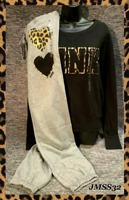Conjunto Pullover + Pantalones Victoria's Secret Rosa Leopardo Negro Gris Apliques M Nuevo con Etiquetas Foto 1 de 4