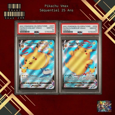 🇫🇷 SÉQUENTIEL PIKACHU VMAX SURFEUR & VOLANT PSA 10 - 25 ANS 007 009 Pokemon FR - Photo 1/4
