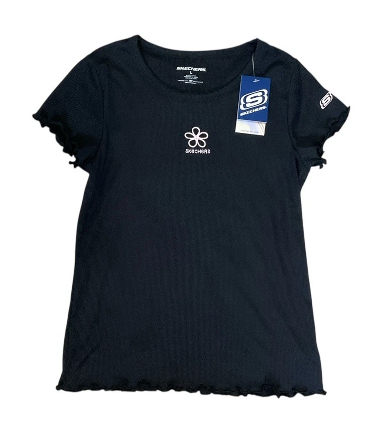 NWT Skechers Top Youth Girls L Black w Pink Flower Logo Shirt - Image 1 of 2