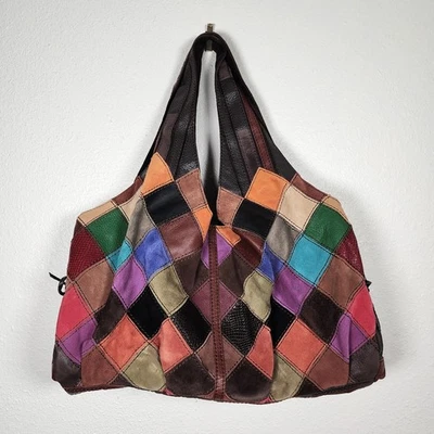 Lucky Brand Leather Patchwork Bag New Shoulder Tote Hobo Boho Large Colorful Vtg - Image 1 of 4